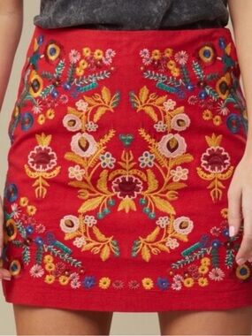 Altar'd State Red Embroidered Floral Mini Skirt